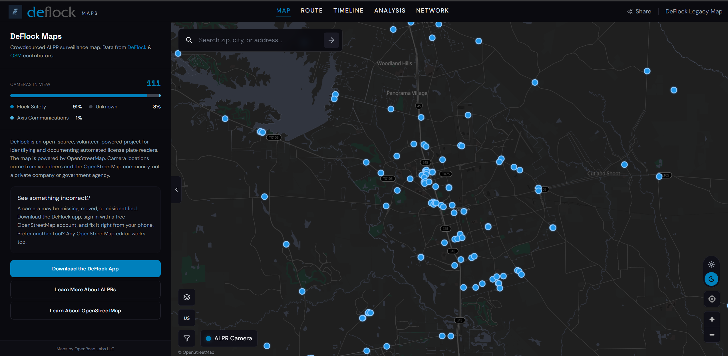 DeFlock crowdsourced map showing automated license plate reader camera locations clustered around Conroe, TX, with 111 cameras in view, 91% identified as Flock Safety